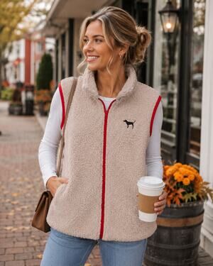 Victoria’s Secret PINK Sherpa Vest Women’s S Cream Pink Trim Dog Logo Full Zip